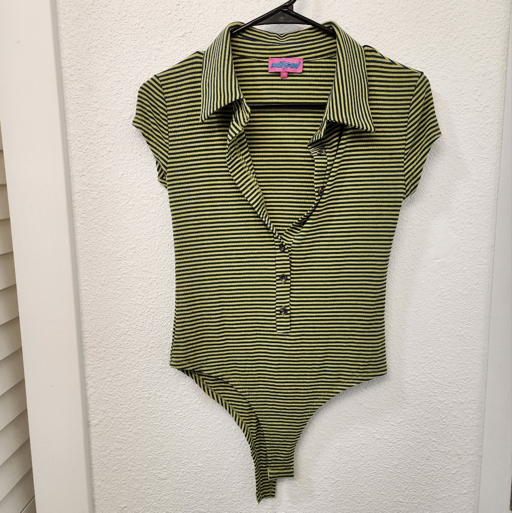 Edikted Green and Black Striped Collared Bodysuit